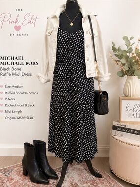Michael Kors Black & Bone Polka Dot Ruffle Midi Dress